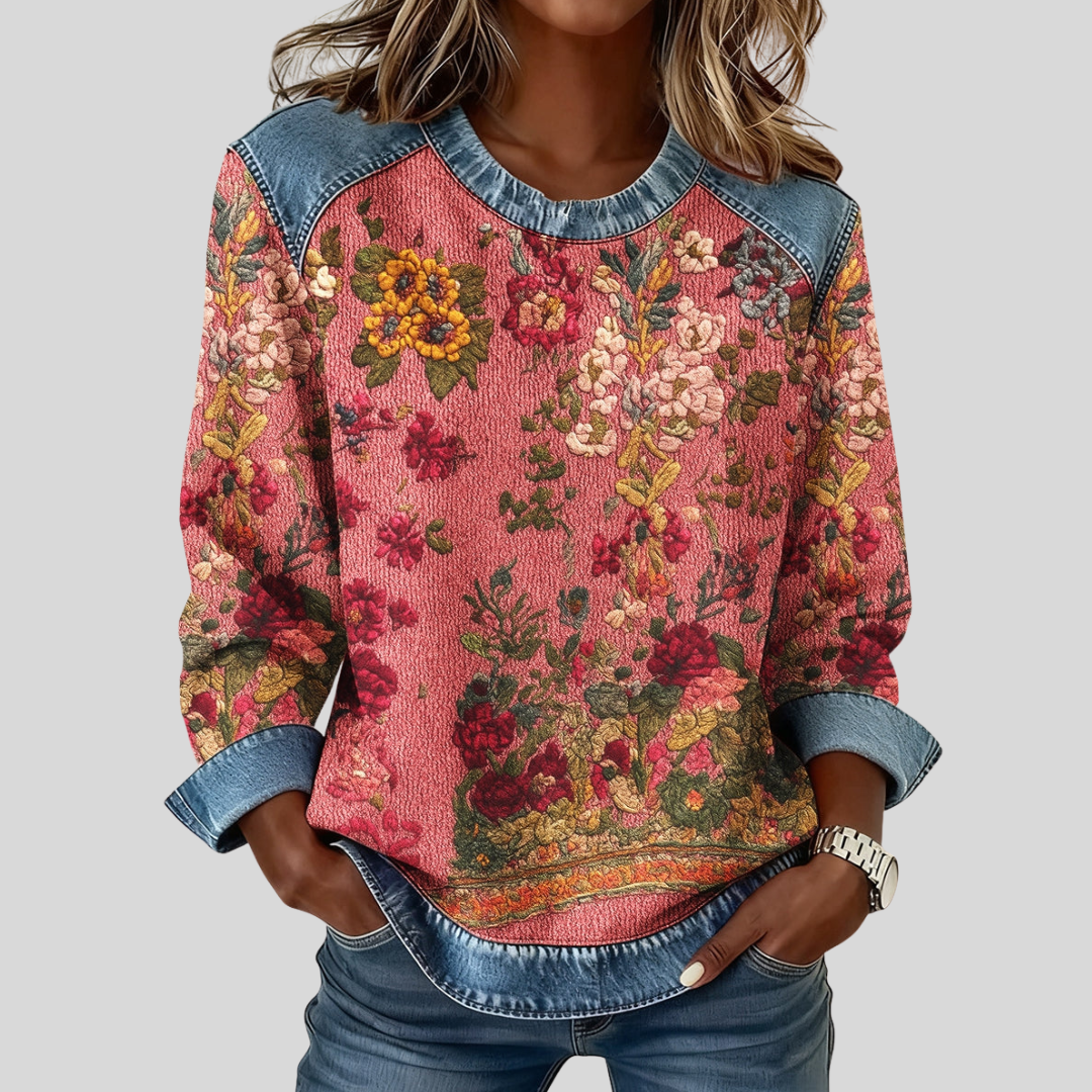 Orabelle™ | Sudadera Estampado Floral con Acento de Mezclilla
