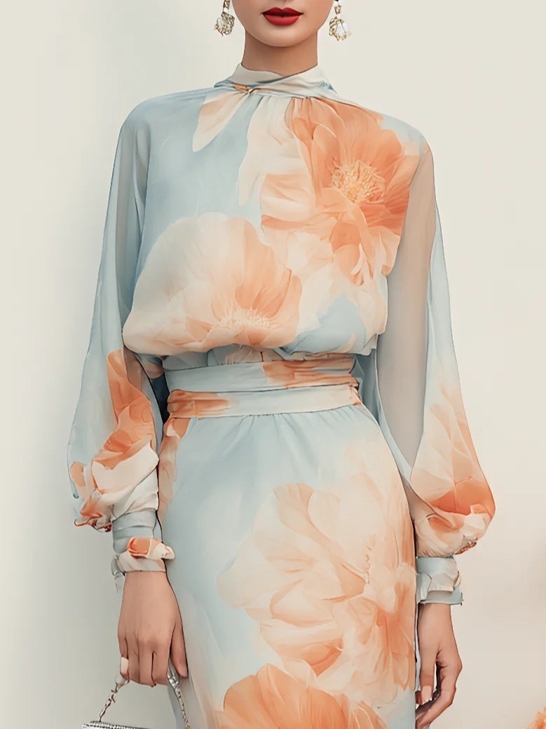 Emilia | Conjunto Dos Piezas: Top de Cuello Alto Manga Larga y Falda Floral Romántica