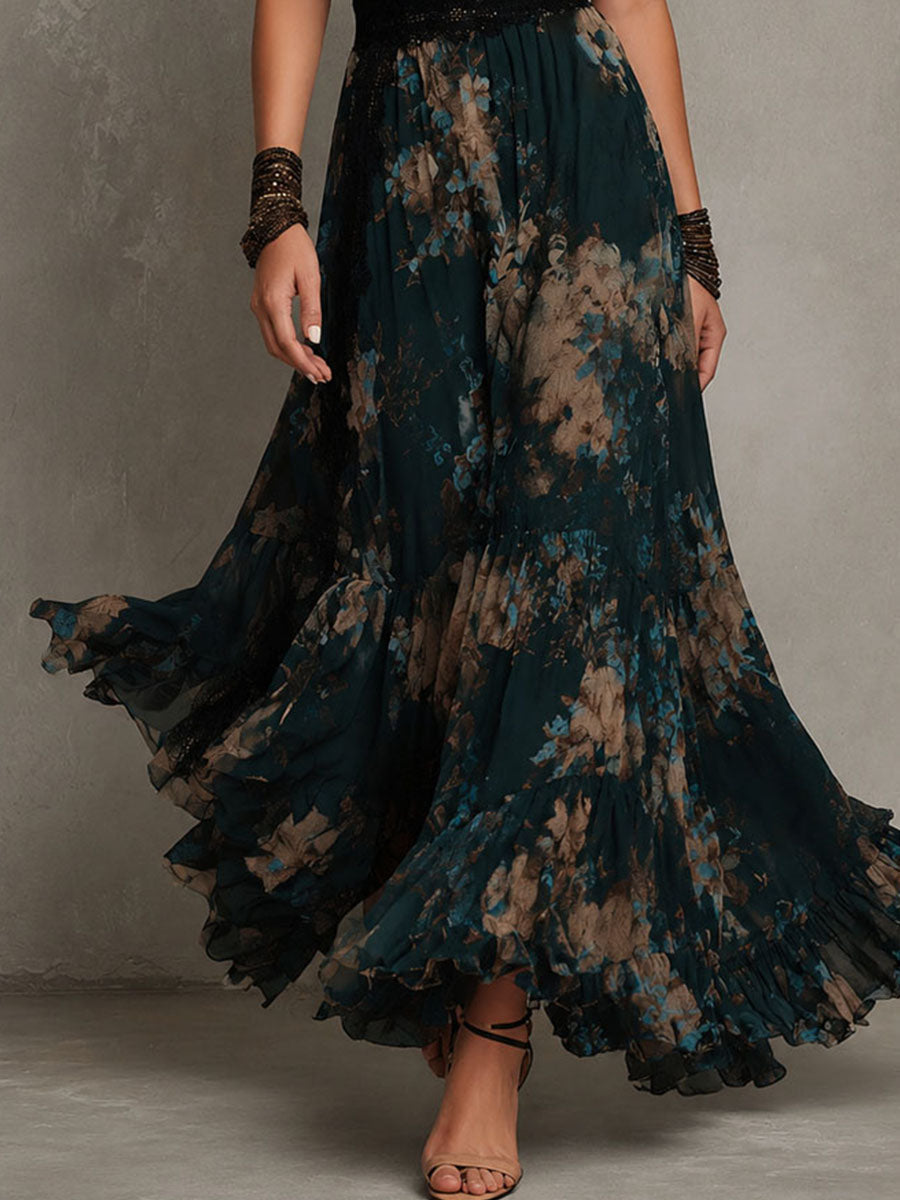 Rosa | Vestido Largo en Gasa Vintage Verde Oscuro con Encaje Floral