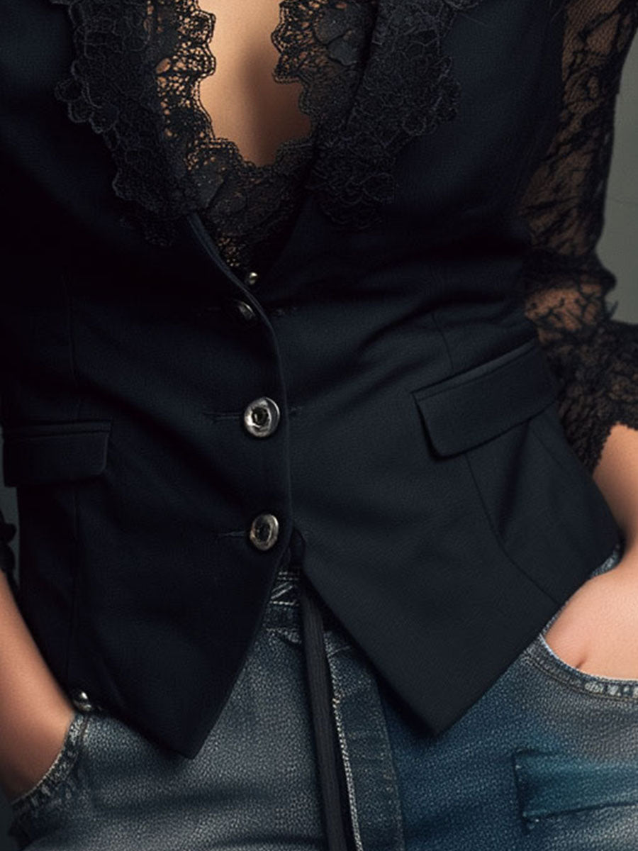 Noémie | Top Blazer Negro de Mangas Semitransparentes