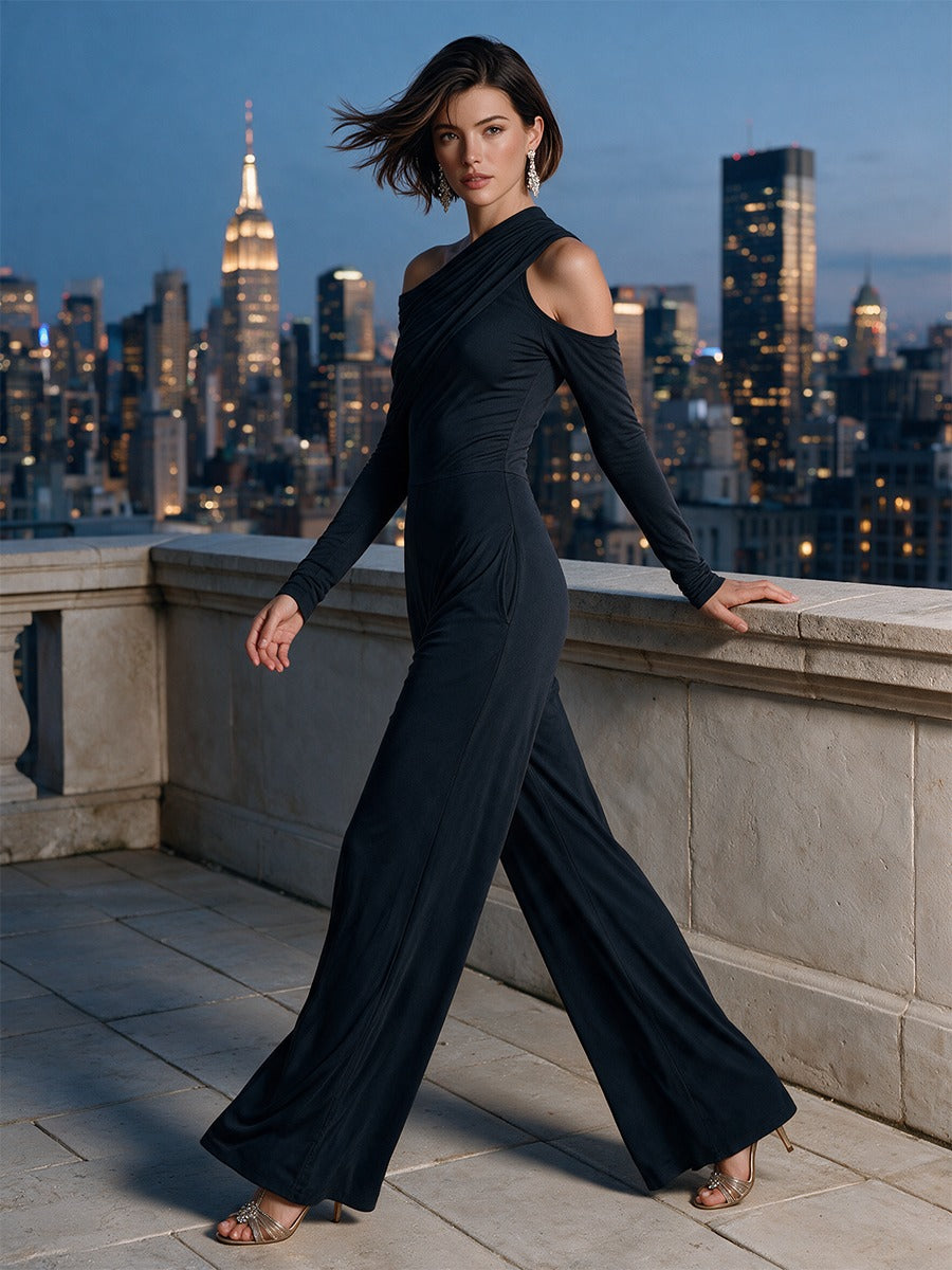 Raffaella | Mono de Noche Negro Asimétrico con Pantalón Ancho