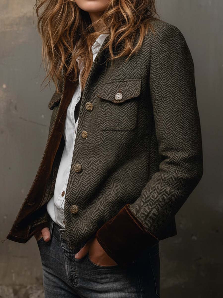 Honorine | Blazer Vintage Espiga con Ribetes en Contraste