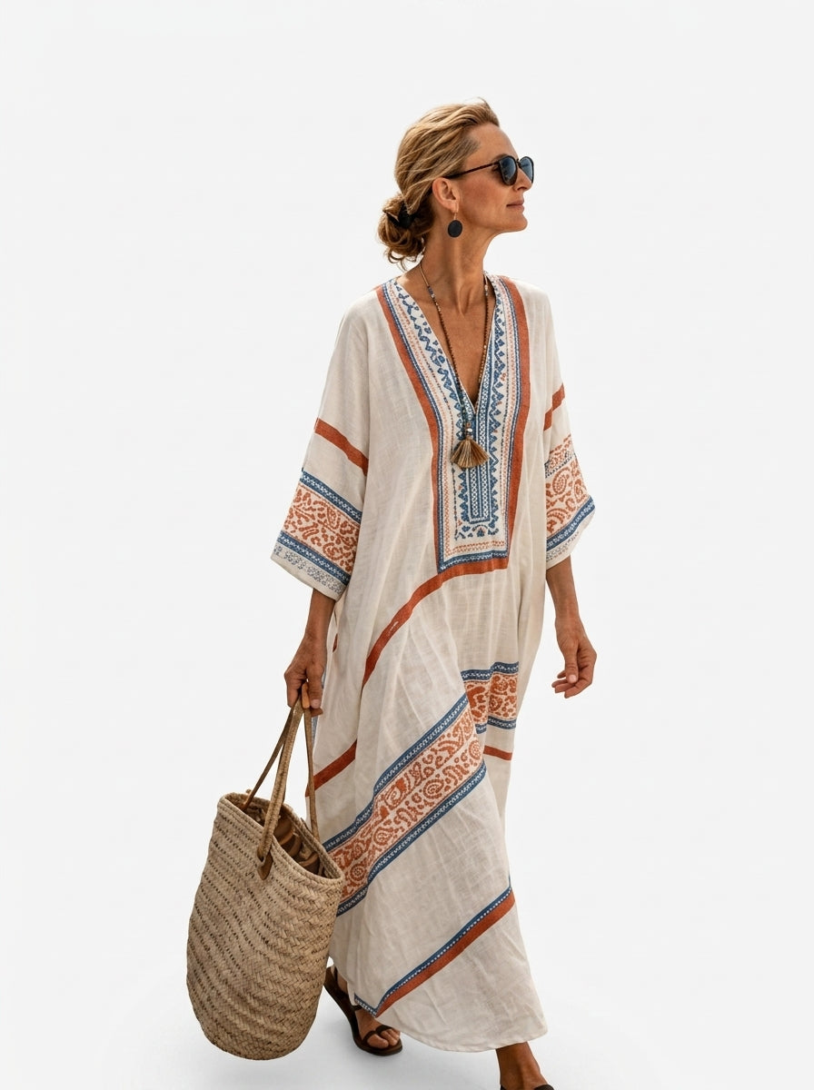 Caftan Maxi Long™ — Broderies Ethniques Terracotta