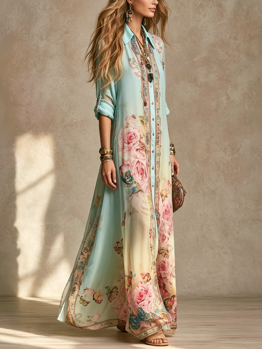 Mónica | Vestido Maxi en Gasa con Estampado Floral Barroco