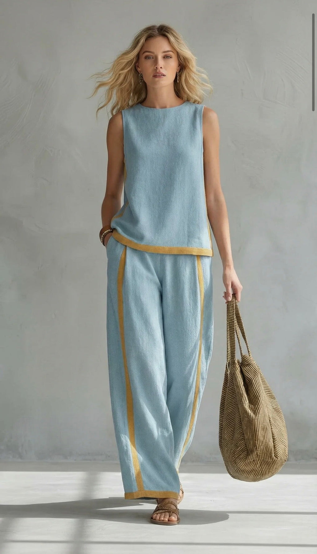 Leila | Conjunto Elegante de Algodón y Lino Azul Cielo