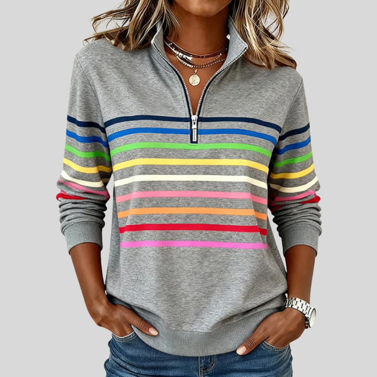 Prismette™ | Sudadera Cuarto de Cierre a Rayas Multicolor