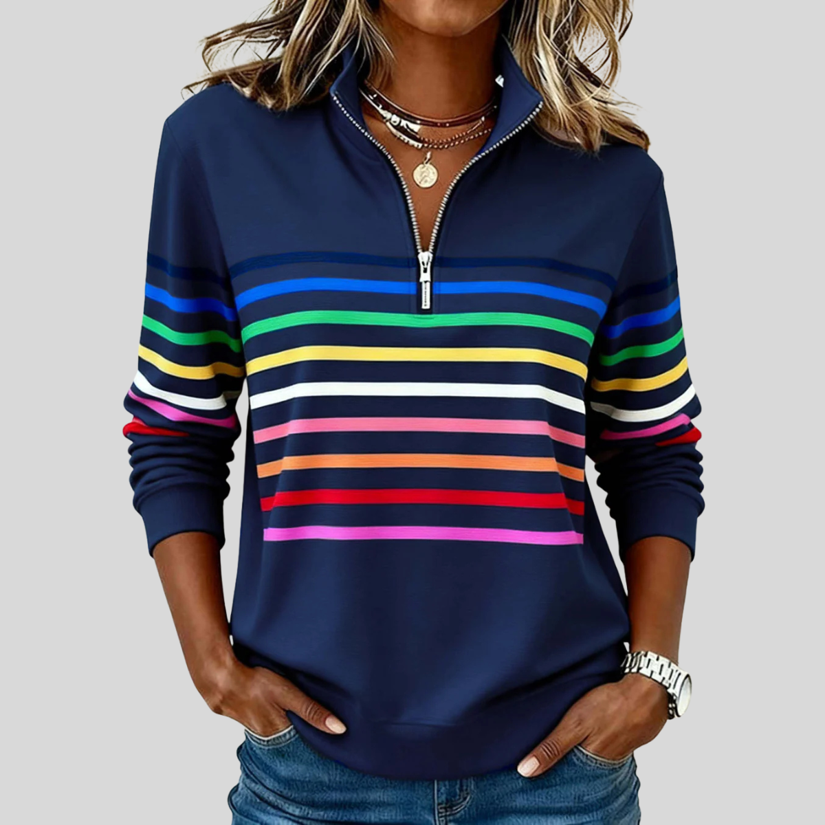 Prismette™ | Sudadera Cuarto de Cierre a Rayas Multicolor