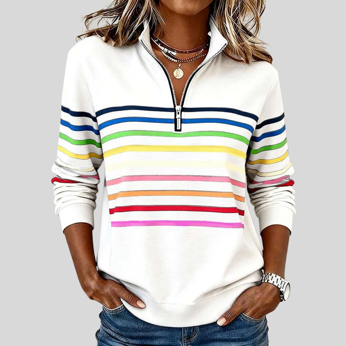 Prismette™ | Sudadera Cuarto de Cierre a Rayas Multicolor