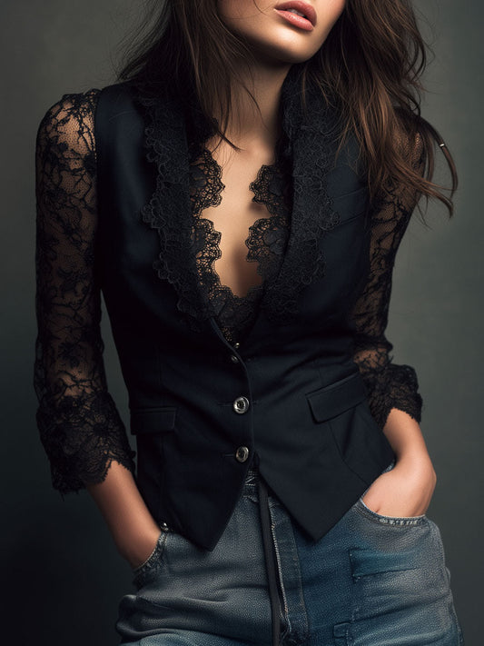 Noémie | Top Blazer Negro de Mangas Semitransparentes