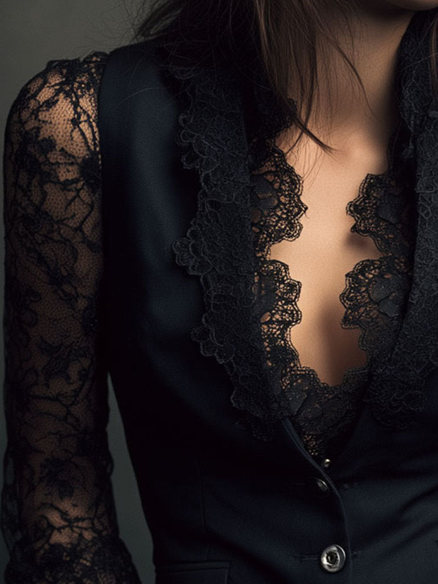 Noémie | Top Blazer Negro de Mangas Semitransparentes