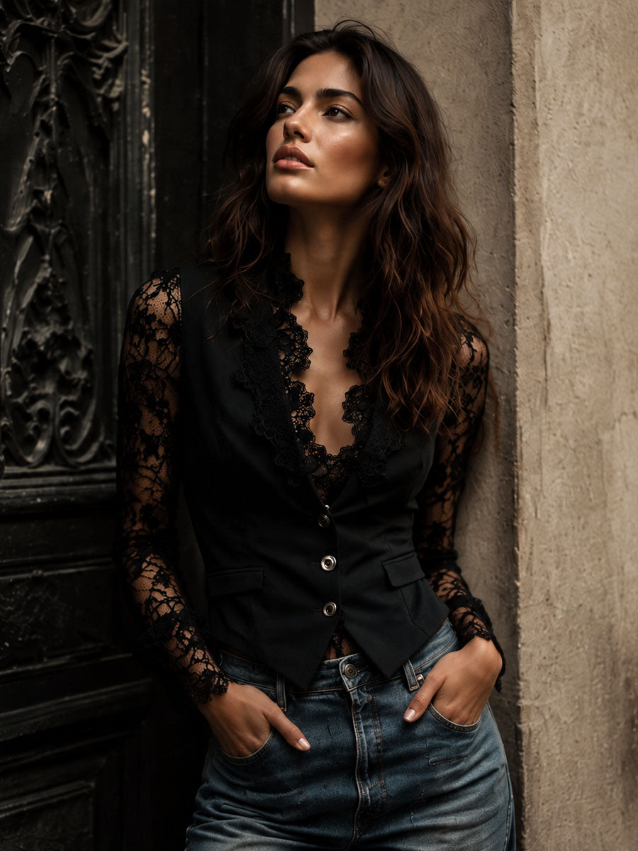 Noémie | Top Blazer Negro de Mangas Semitransparentes