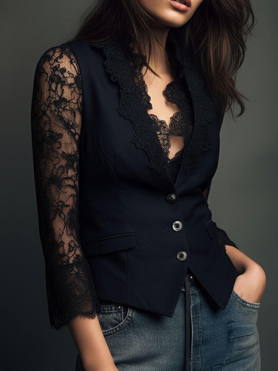 Noémie | Top Blazer Negro de Mangas Semitransparentes