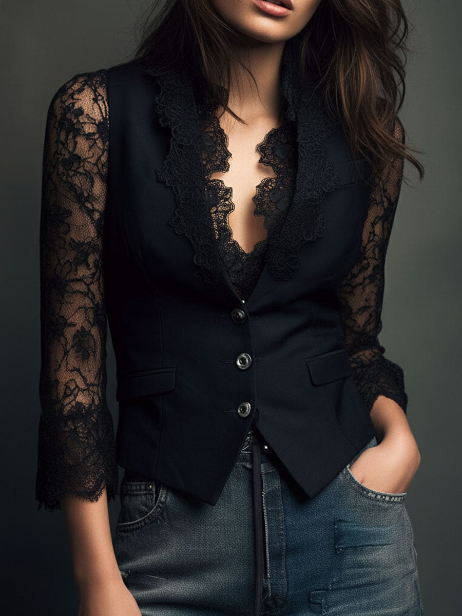 Noémie | Top Blazer Negro de Mangas Semitransparentes