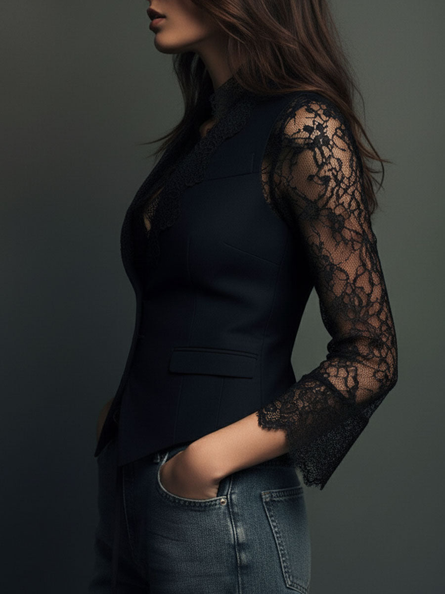 Noémie | Top Blazer Negro de Mangas Semitransparentes