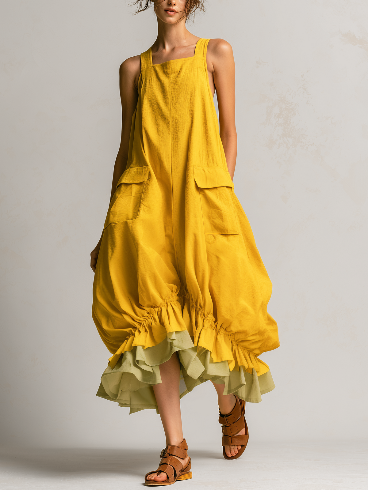 Daniela | Vestido Midi Globo sin Mangas con Bolsas Grandes, Capas y Bajo con Volantes