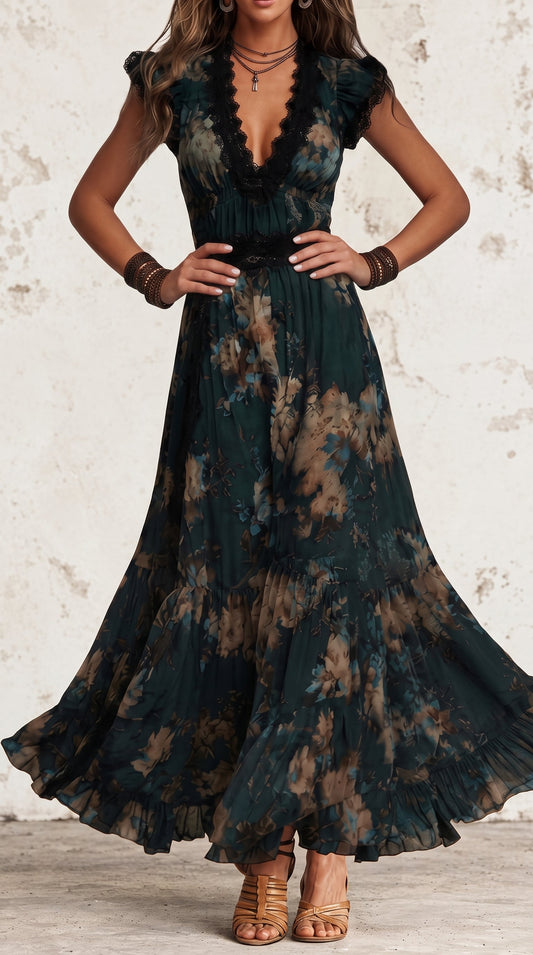 Rosa | Vestido Largo en Gasa Vintage Verde Oscuro con Encaje Floral