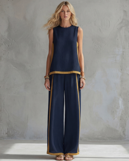 Leila | Conjunto Elegante en Algodón y Lino Azul