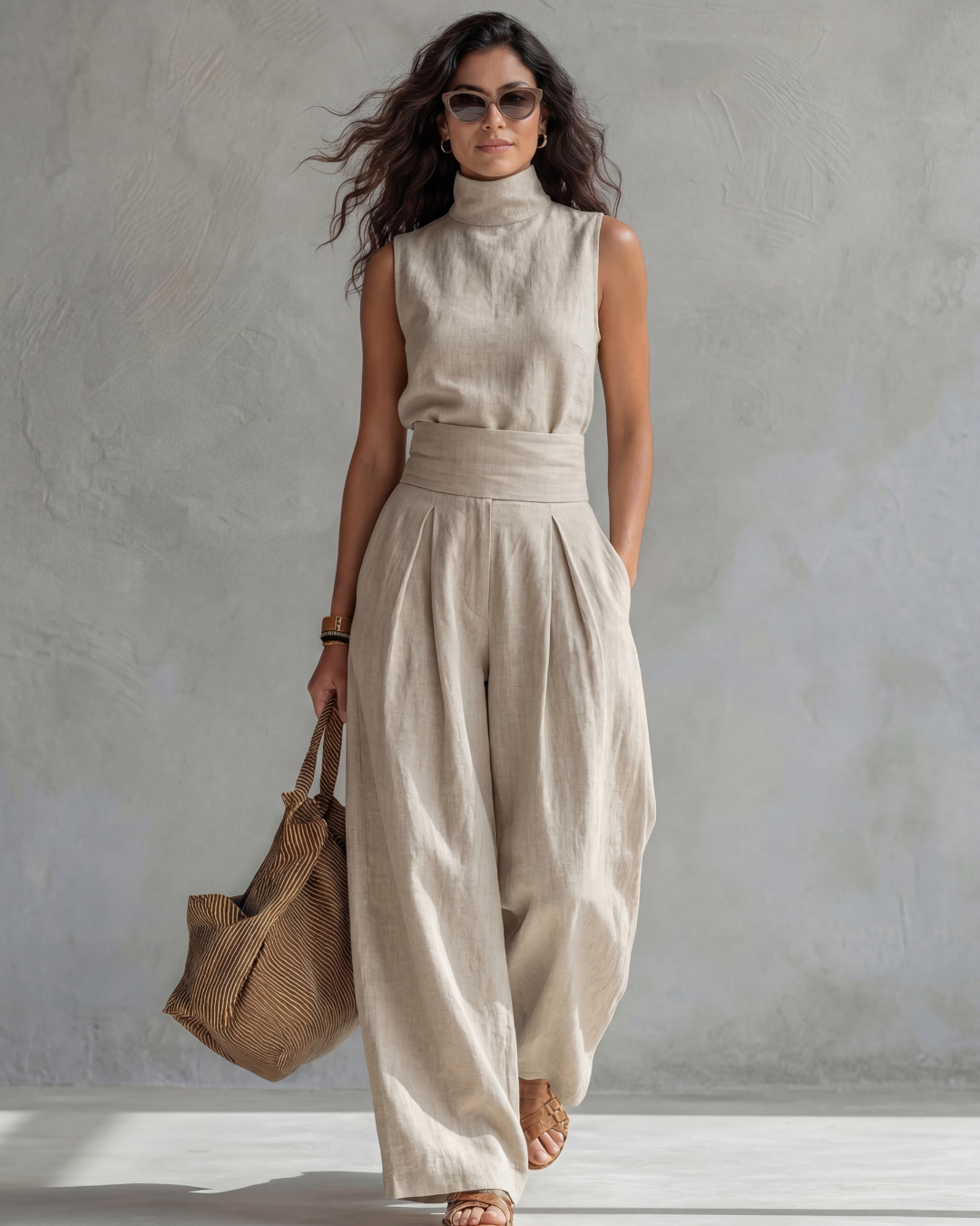 Maria | Conjunto Top y Pantalón Ancho Algodón Lino Rosa