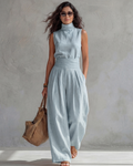 Maria | Conjunto Top y Pantalón Ancho Algodón Lino Azul