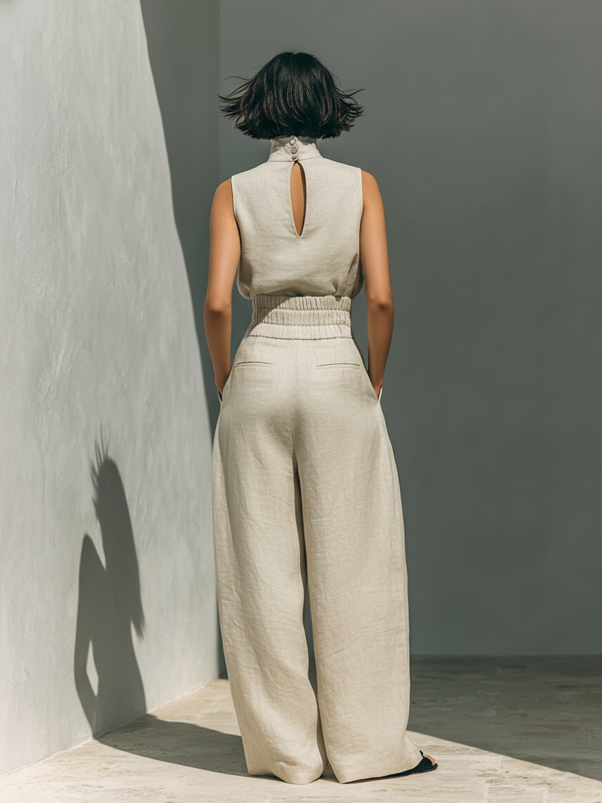 Maria | Conjunto Top y Pantalón Ancho Algodón Lino Rosa