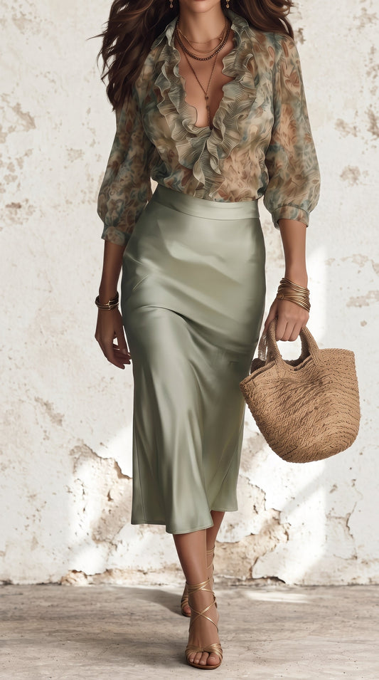 Antonella | Blusa Elegante con Volantes Florales y Minifalda de Satín