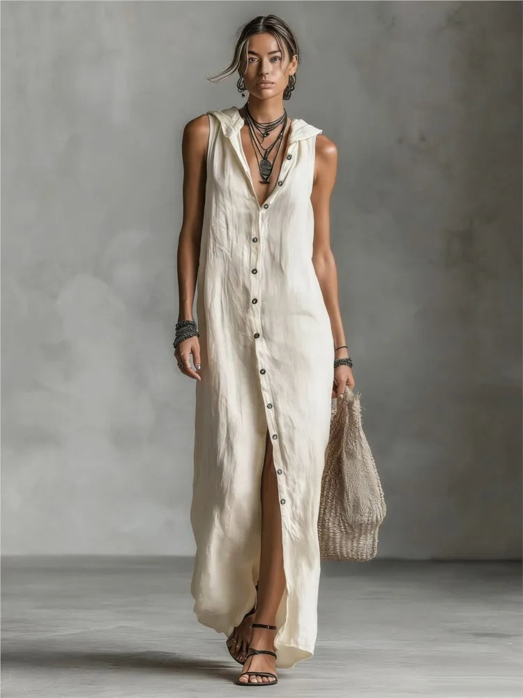 Camila | Vestido de Algodón y Lino con Capucha