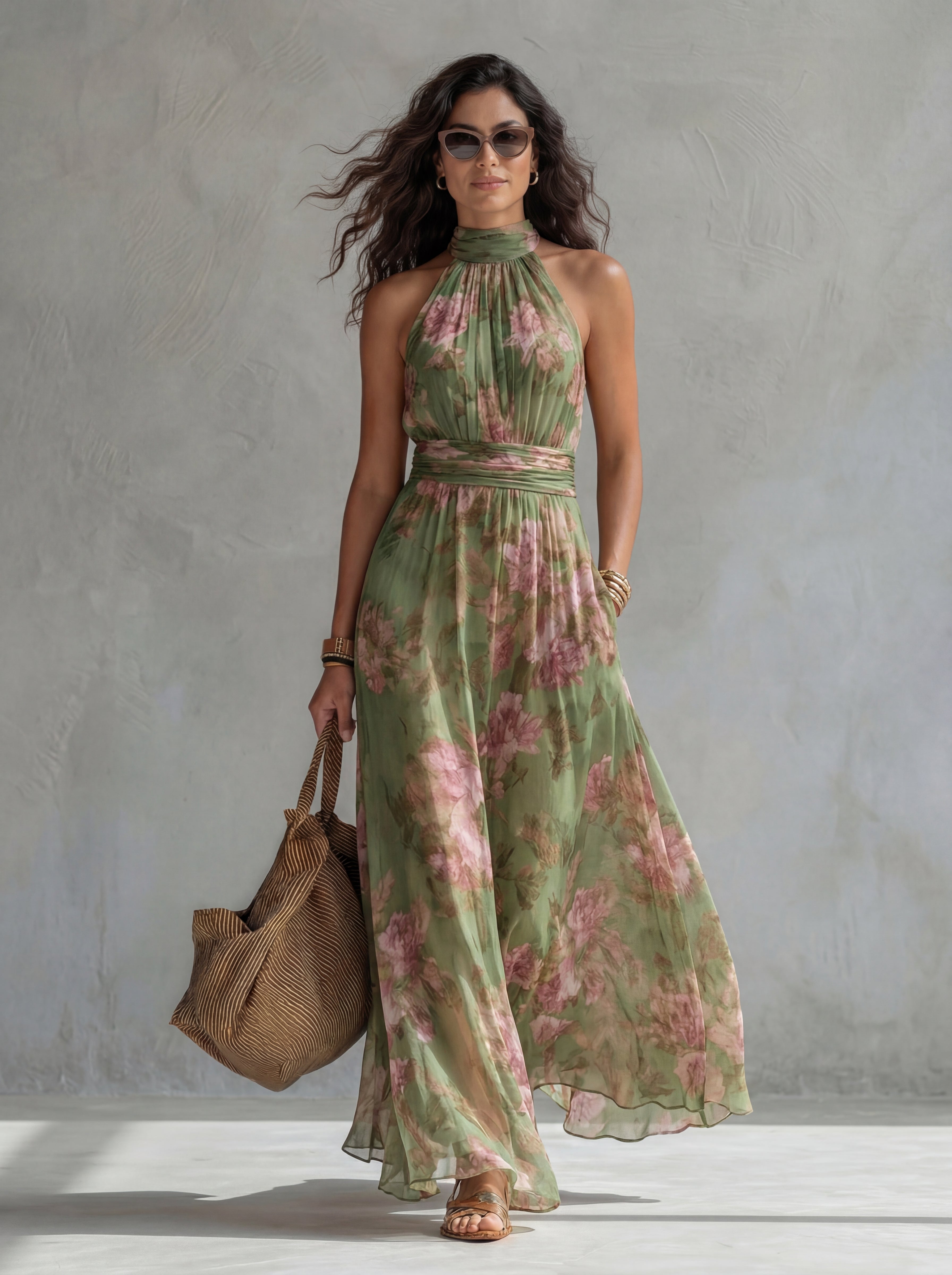 Livia | Vestido Maxi Halter Floral Elegante