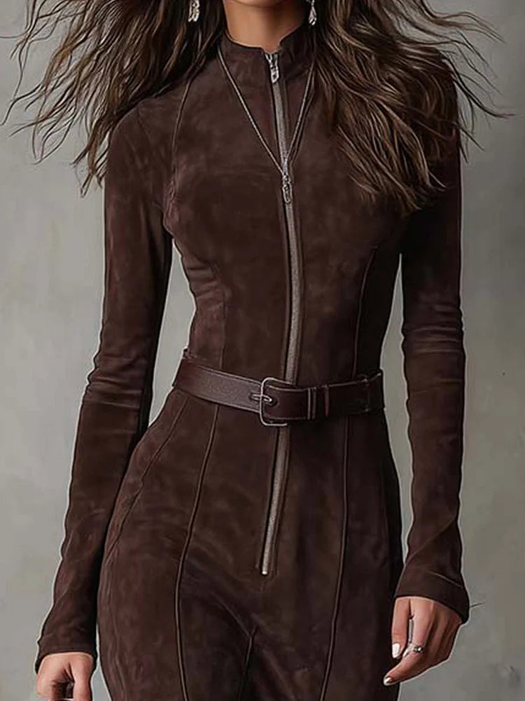 Marsella - Robe longue marron avec ceinture