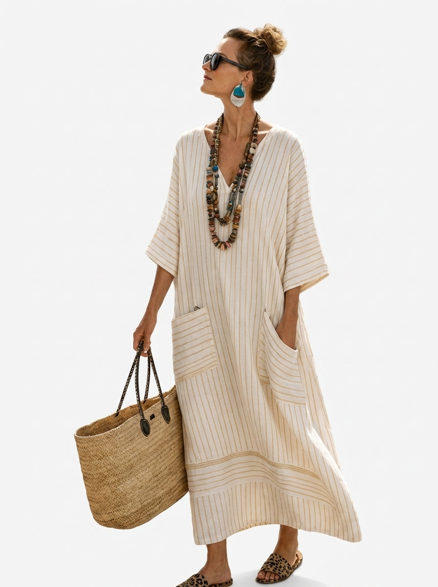 Caftan Maxi Long™ — Rayures Verticales Blanches