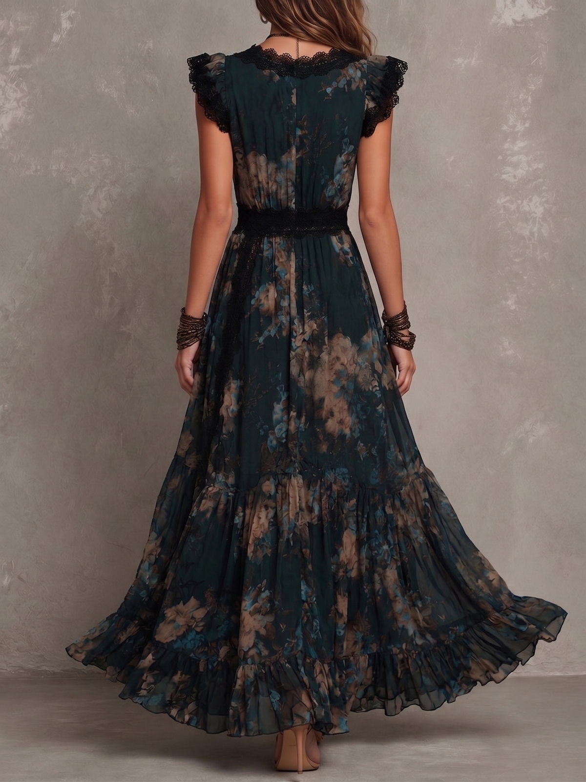 Rosa | Vestido Largo en Gasa Vintage Verde Oscuro con Encaje Floral