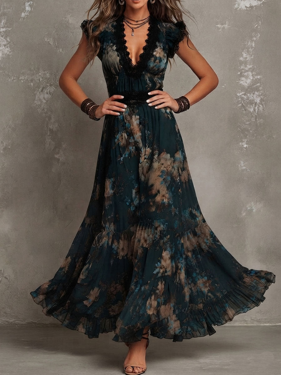 Rosa | Vestido Largo en Gasa Vintage Verde Oscuro con Encaje Floral