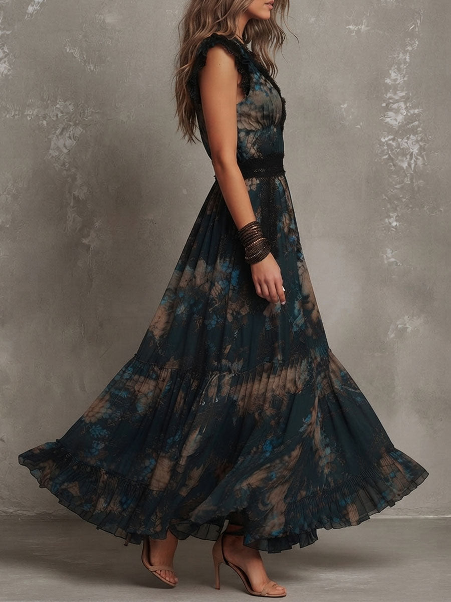 Rosa | Vestido Largo en Gasa Vintage Verde Oscuro con Encaje Floral