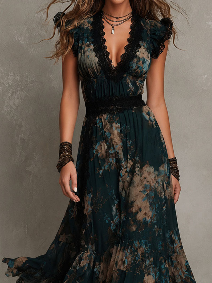 Rosa | Vestido Largo en Gasa Vintage Verde Oscuro con Encaje Floral