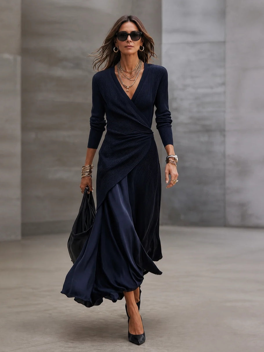 Lorena | Vestido Maxi con Escote en V y Paneles Satinados