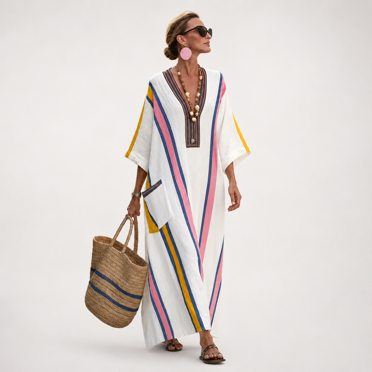 Caftan Maxi Long™ — Bordures Bleu Azur