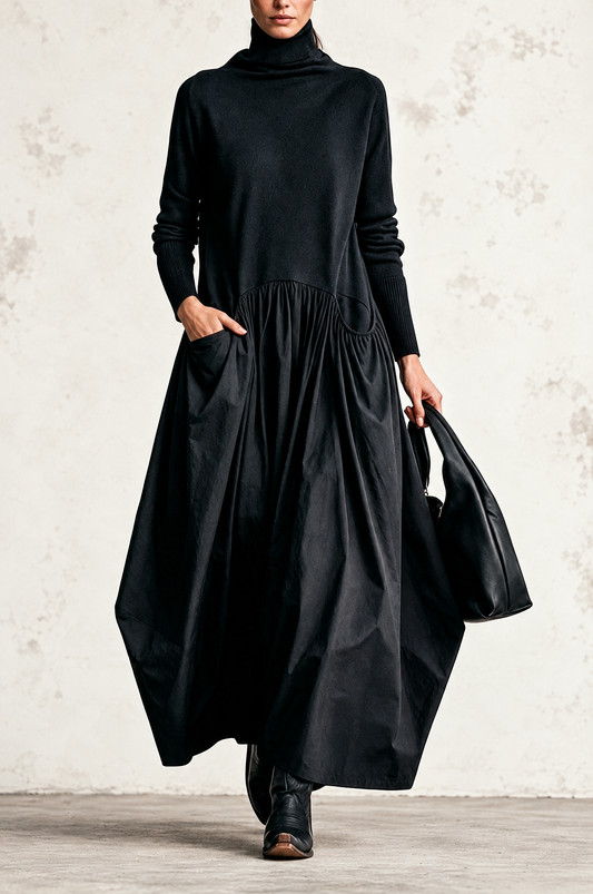 Ana | Vestido Maxi Oversize Negro con Cuello Alto y Bolsas