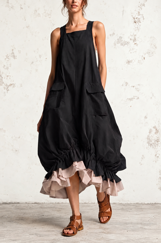 Daniela | Vestido Midi Globo sin Mangas con Bolsas Grandes, Capas y Bajo con Volantes