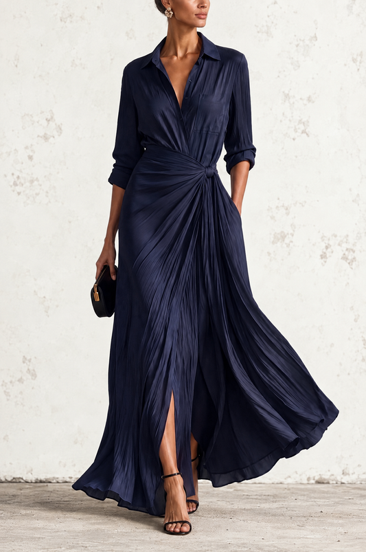 Gabriella | Elegante Vestido Camisero Maxi Azul Marino Anudado