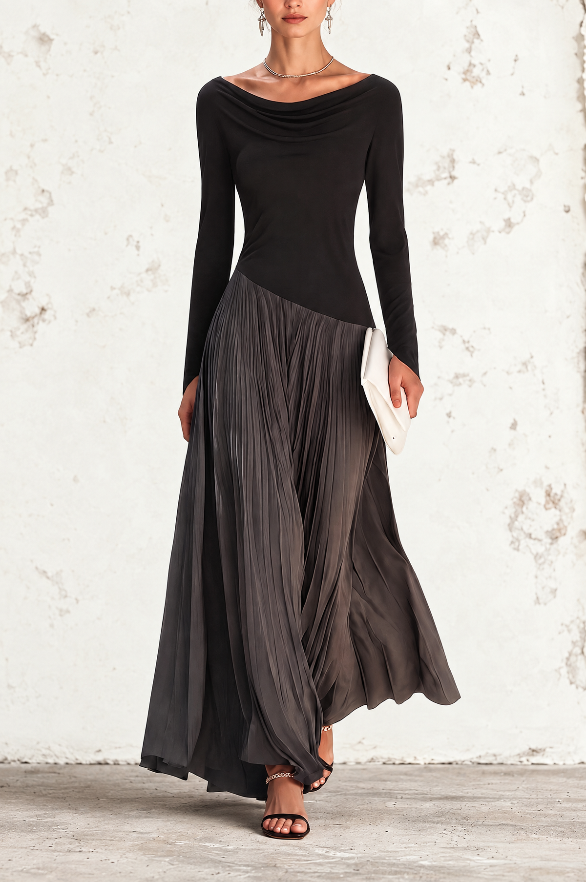 Marina | Vestido Maxi Plisado con Cuello Drapeado Bicolor Negro y Gris