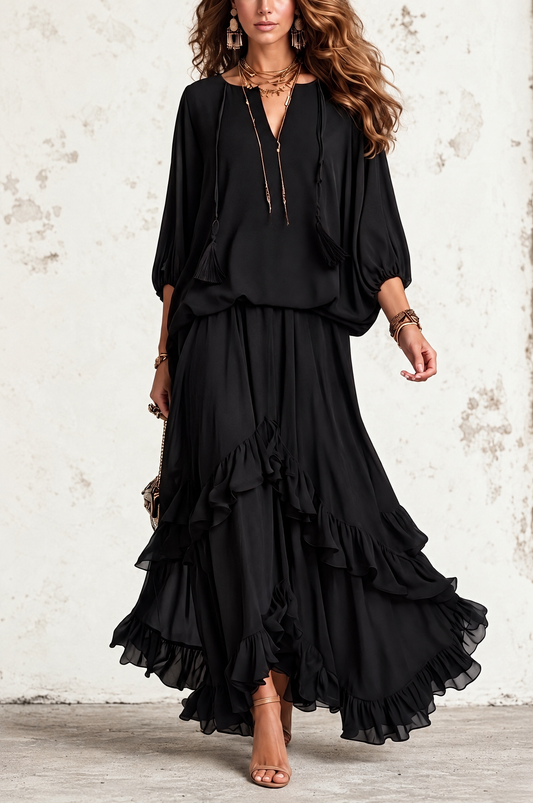 Elvira | Conjunto Top en Gasa Negro con Escote en V y Flecos con Falda de Volantes en Capas
