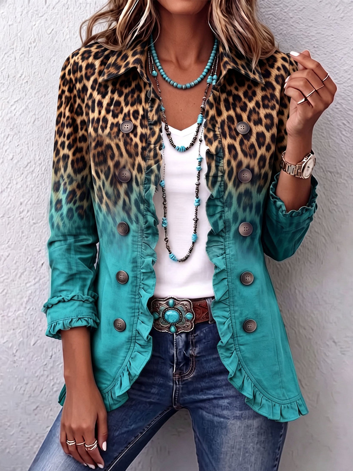Herminia | Chamarra Blazer Leopardo Degradado con Volantes