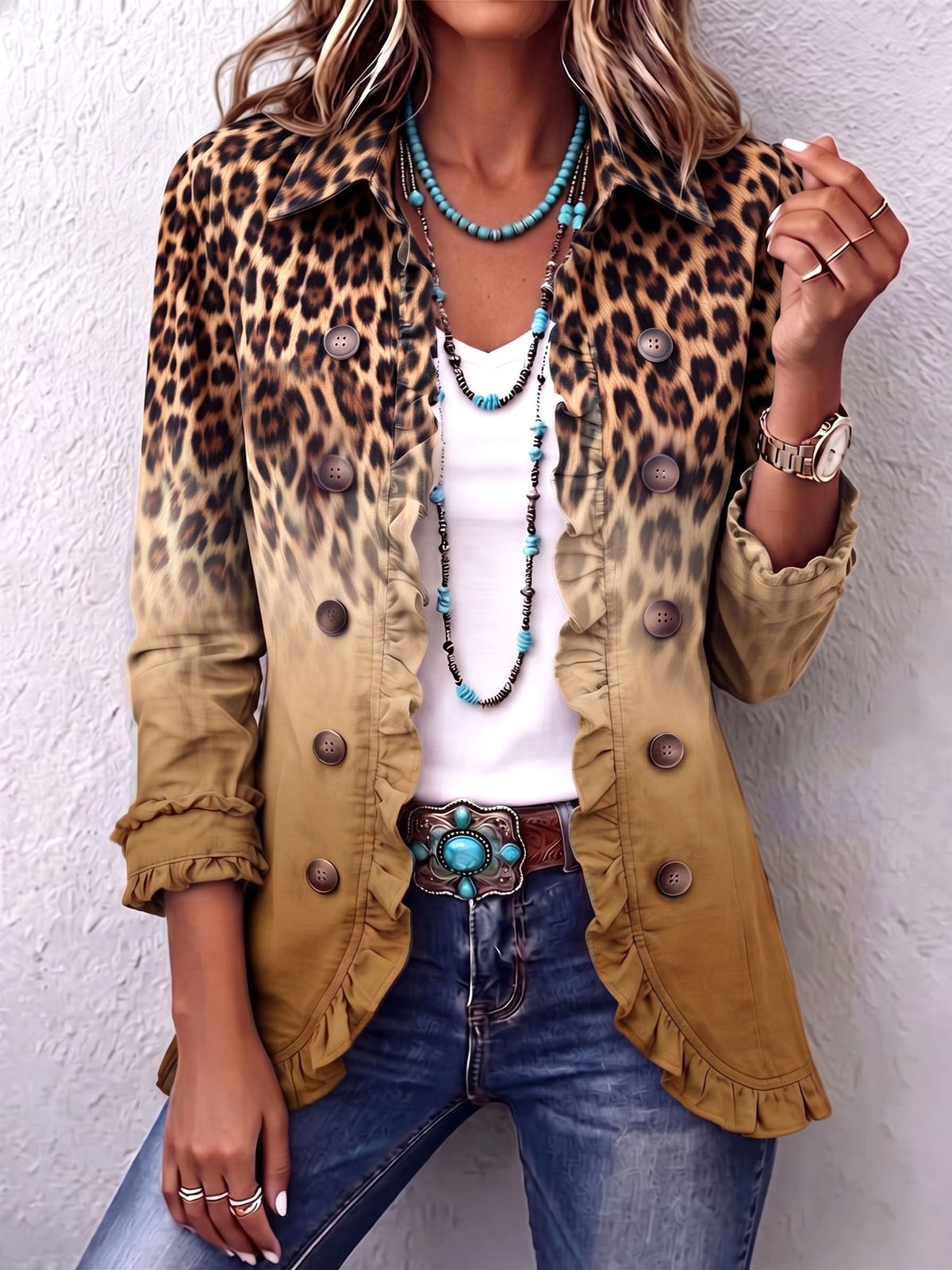 Trinidad | Chamarra Blazer Leopardo Ocre con Volantes