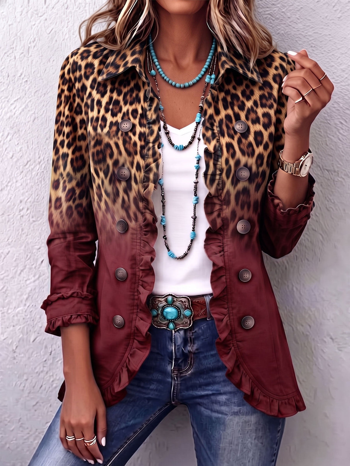 Bernarda | Chamarra Blazer Leopardo Burdeos con Volantes